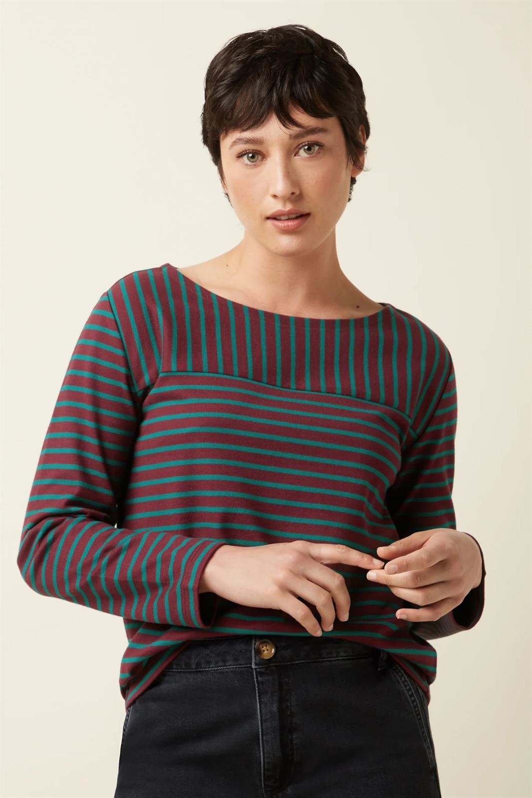 Top de canesú de cuello barco Britney Stripe - Imagen 1